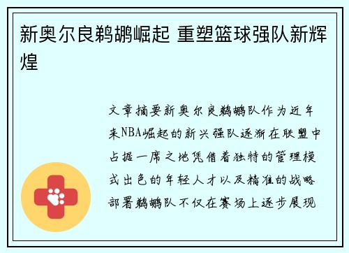 新奥尔良鹈鹕崛起 重塑篮球强队新辉煌